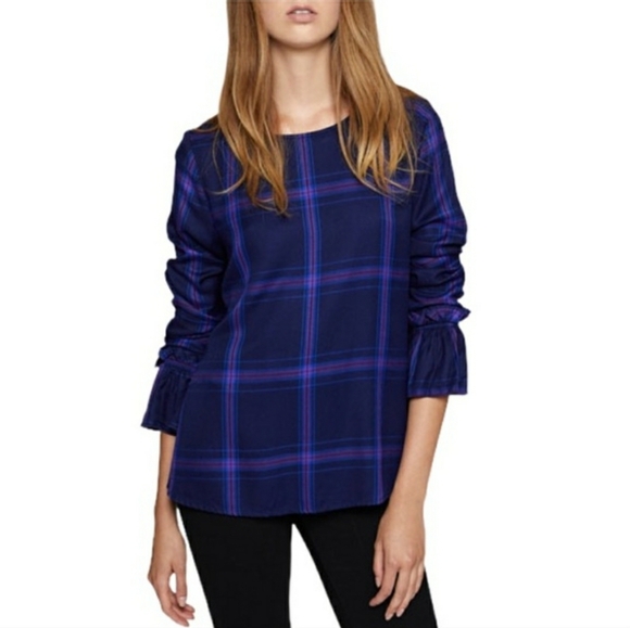 Sanctuary Blue Purple Night Crawler Plaid Flannel Shirt Medium Bell Sleeve Top - Picture 1 of 10